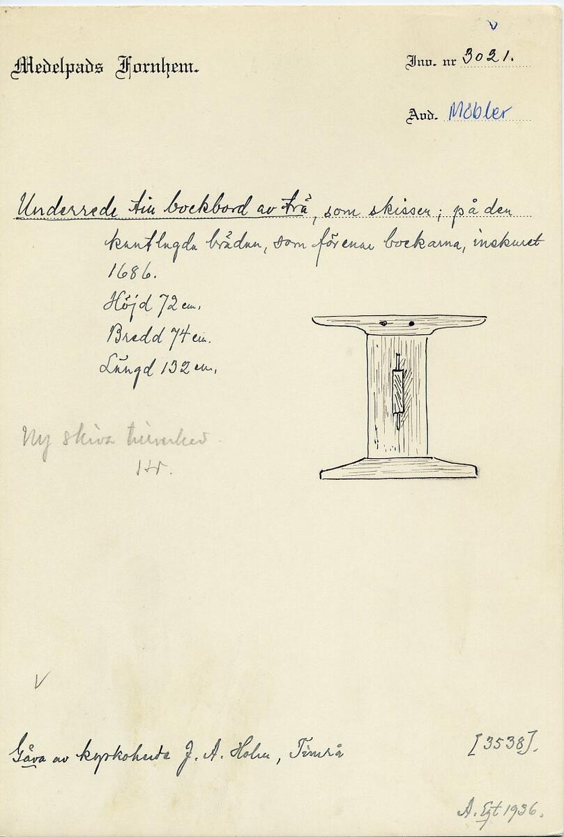 Inv. bok II: 3538. Nytt nr 3021. Bordunderrede från år 1686. Gifvare: okänd. Ev. förmedlad av kyrkoherden J A Holm, Timrå.