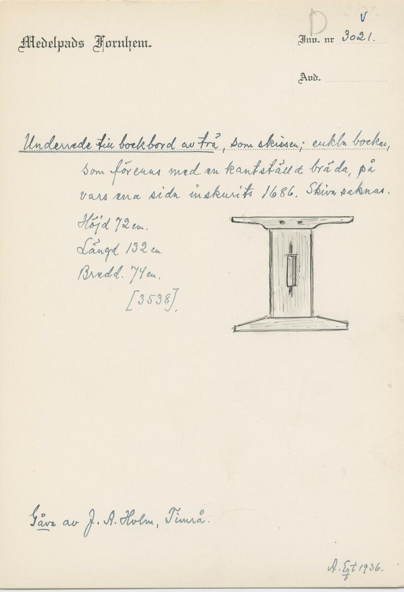 Inv. bok II: 3538. Nytt nr 3021. Bordunderrede från år 1686. Gifvare: okänd. Ev. förmedlad av kyrkoherden J A Holm, Timrå.