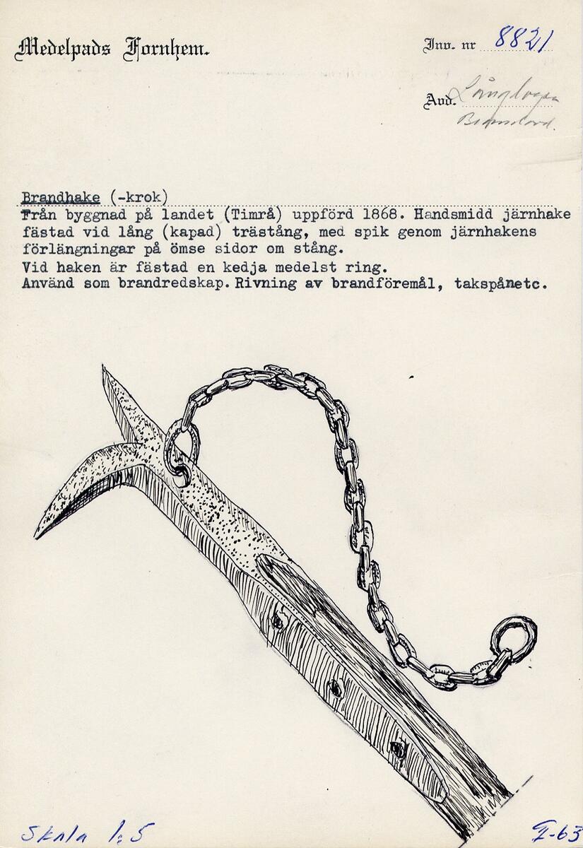 "Brandhake (-krok)." Fyndort: "Timrå, Vifsta (hemman Skogen)." Gåva av: "Victor E Bergdahl." (liggaren)