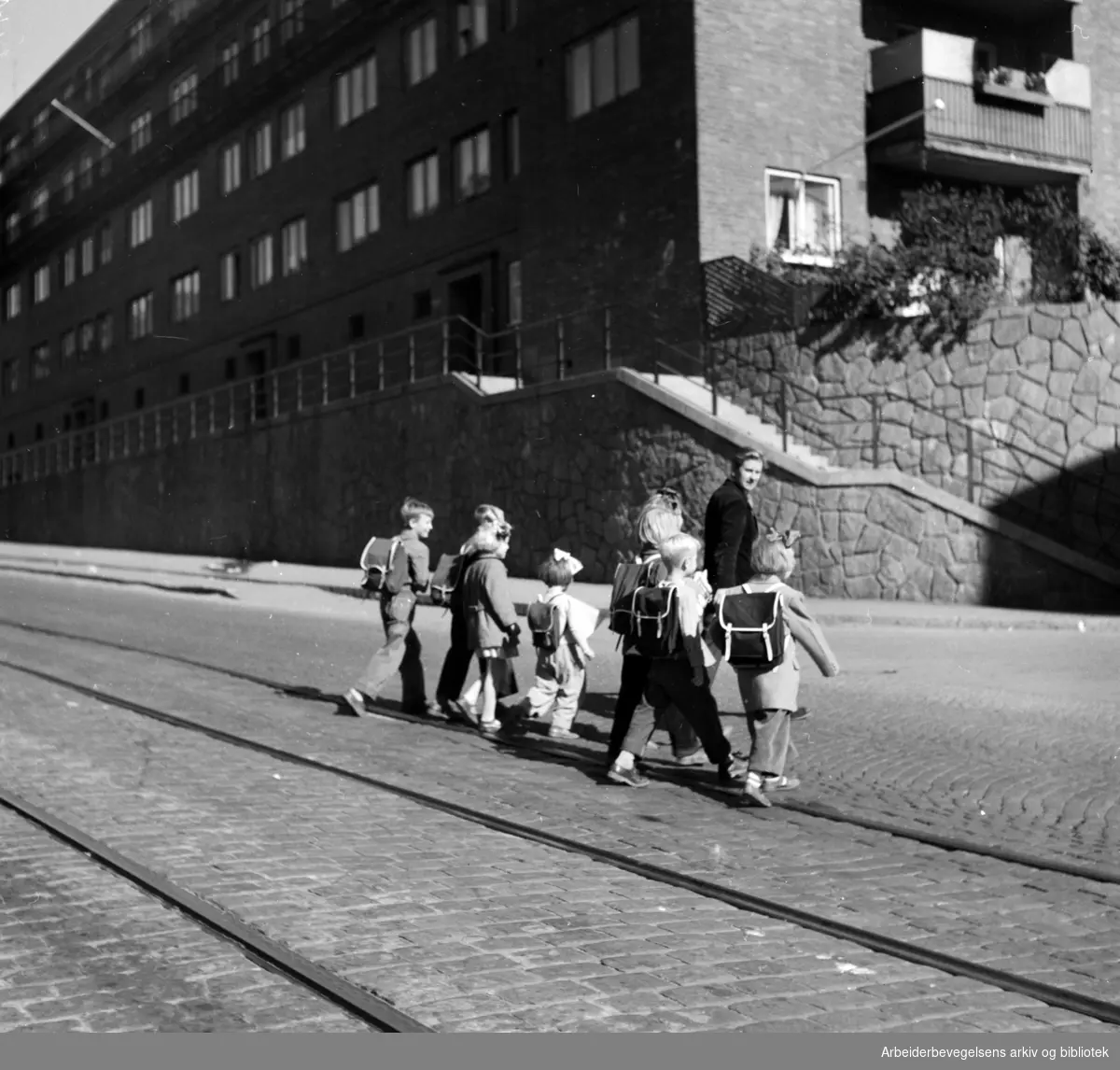 Trondheimsveien. Farlig overgang til Rosenhoff skole. September 1952