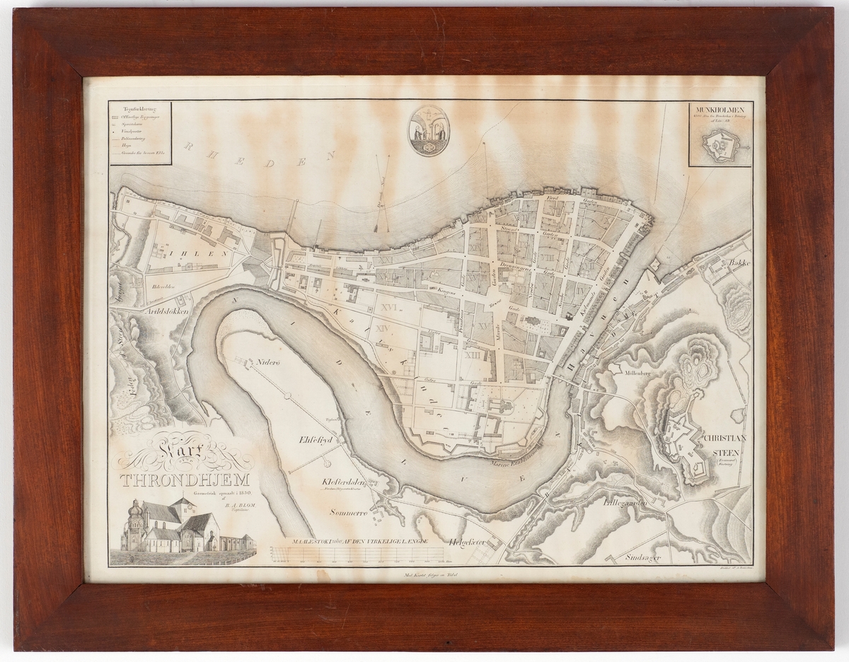Kart over Trondheim fra 1830 med bydelsnavn, gatenavn og topografi.