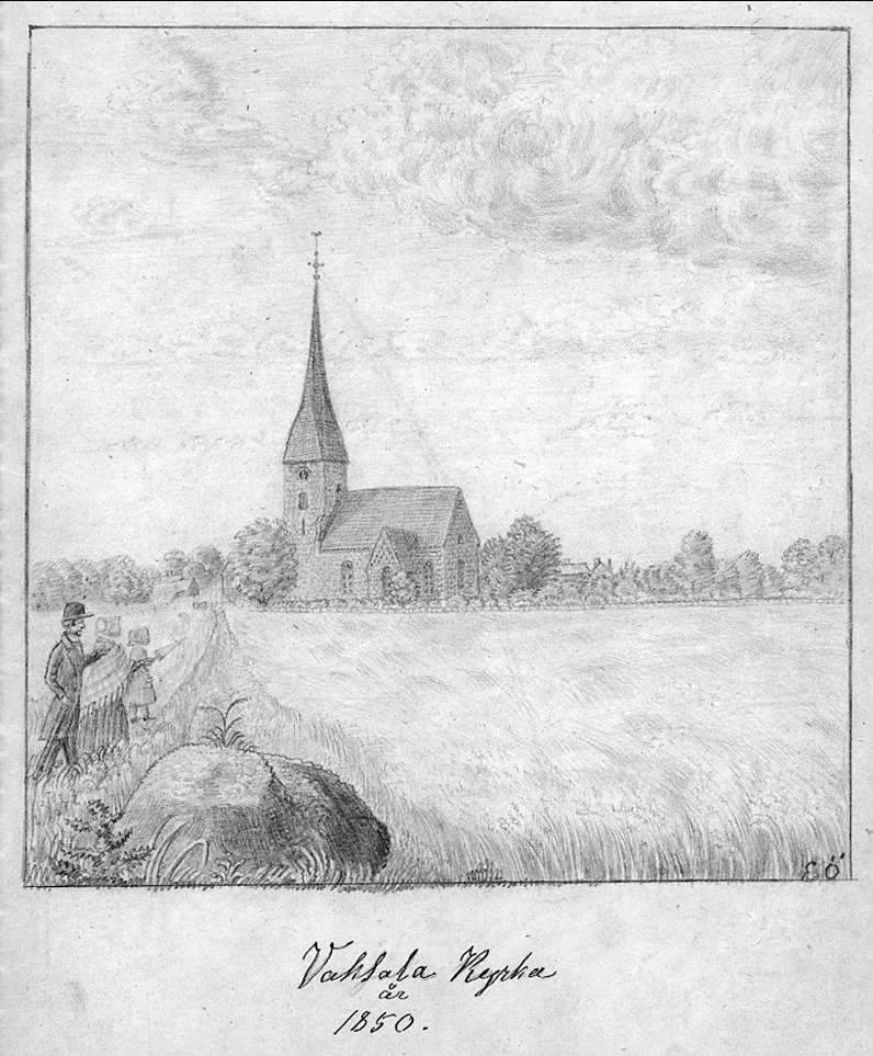 "Vaksala kyrka, Uppland, 1850." Kvinna, flicka och man promenerar på fältet framför kyrkan. På baksidan skiss av högarna i Gamla Uppsala.