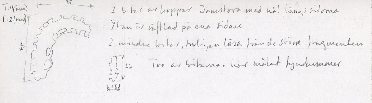 Fyra bitar av koppar. Två större, jämnstora bitar och två mindre, jämstora bitar. Längs bägge sidorna finns rester av hål som borrats genom plåten. På ena sidan av respektive bit är ytan räfflad och på andra sidan finns partivis en förhöjning längs mitten som förstärkning. Samtliga bitar är korroderade och har brottytor.

Text in English: Four fragments of a metal buckle, two large and two small.
Biggest pieces show signs of creation process.  Lines run one way on the half-circle sides and perpendicular on longer side.  Longer sides on the big pieces have a raised cast bar on the back, as do the small pieces.  The holes (punched?) around the edges are very worn.
One of the big pieces is more worn at the edges, with fewer holes evident.  Seems to be reinforced? Corners of both big pieces may be soldered--perhaps four pieces soldered together?
The smaller pieces show some of the same characteristics--one shows the lines running vertically when held lengthwise.  The other, longer but less wide, shows signs of reinforcement or outer material.