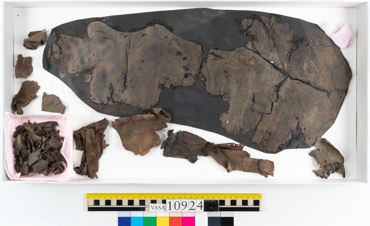 Delar och fragment av stövel.
Ett fragmentariskt stövelskaft. Skaftet är monterat på svart kartong av konserveringsenheten. På skaftets nedre del löper stygnshål. Lädret är mycket fragmentariskt och sprött.
Ett 100-tal större och mindre fragment. På några av fragmenten syns hål efter träpligg och stygn.
Lädret är sprött, tunt och fragmentariskt samt har rostliknande utfällningar.
