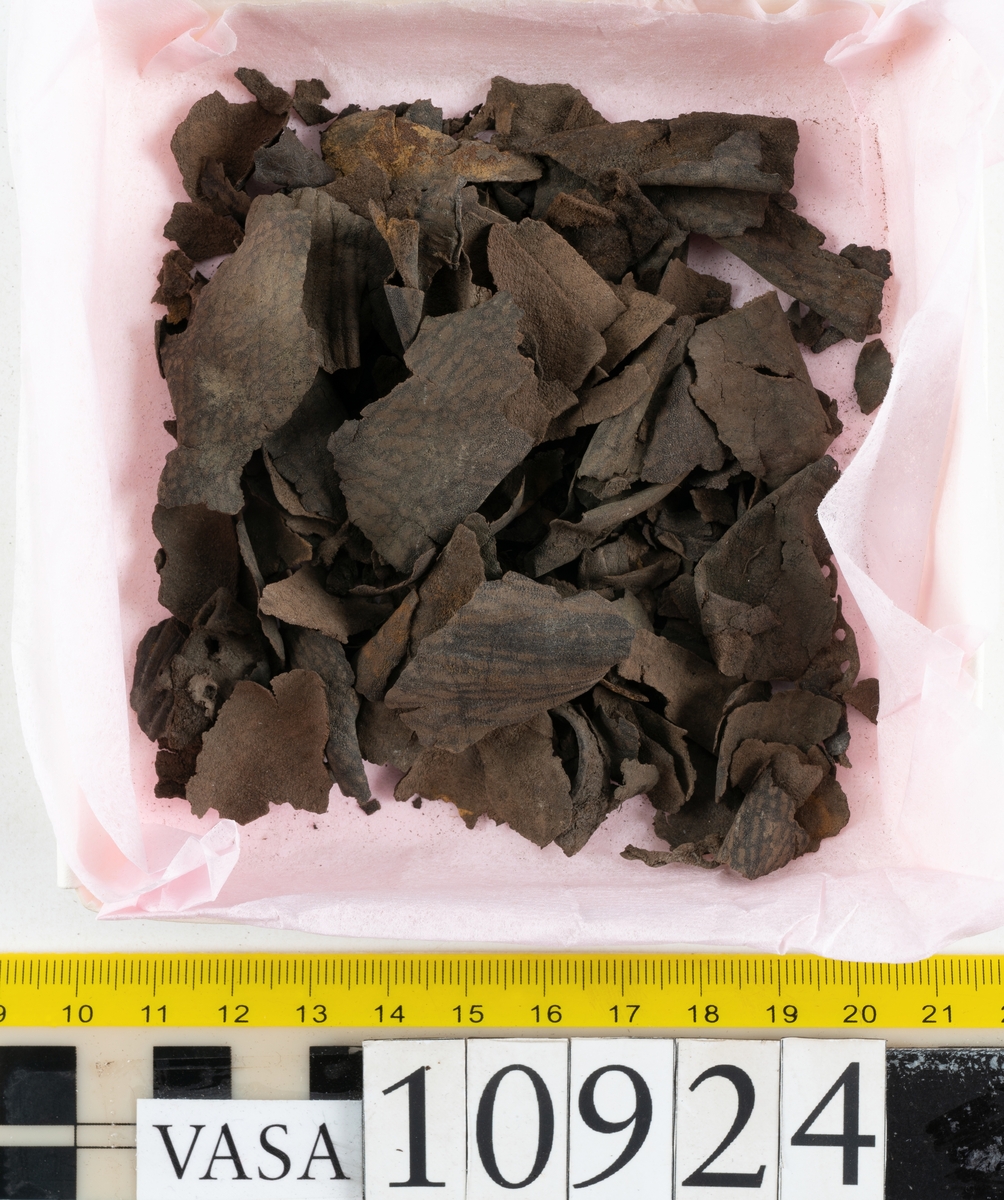 Delar och fragment av stövel.
Ett fragmentariskt stövelskaft. Skaftet är monterat på svart kartong av konserveringsenheten. På skaftets nedre del löper stygnshål. Lädret är mycket fragmentariskt och sprött.
Ett 100-tal större och mindre fragment. På några av fragmenten syns hål efter träpligg och stygn.
Lädret är sprött, tunt och fragmentariskt samt har rostliknande utfällningar.