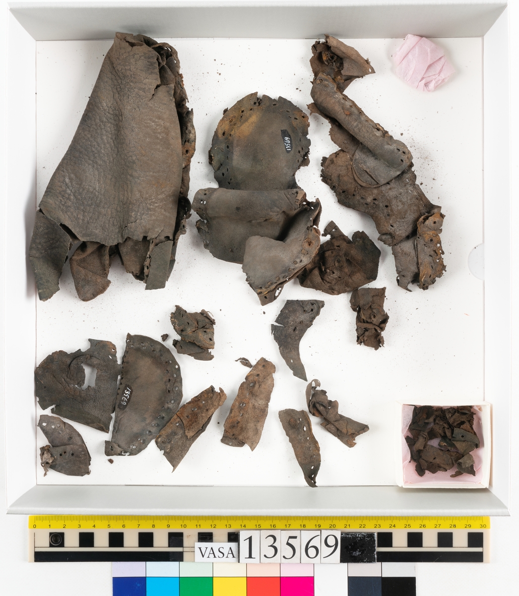 Ett 30-tal delar och fragment av sko: delar av inlägg, ovanläder, klack och sulor.

Ett ovanläder med kvarsittande tråd. Lädret är spaltat samt har rostliknande utfällningar. Två fragmentariska sulor med kvarsittande pligg. På flertalet fragment syns vita och rostliknande utfällningar.