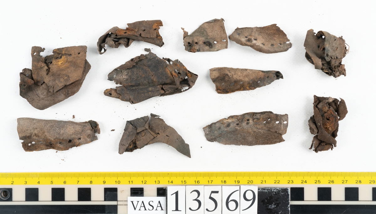 Ett 30-tal delar och fragment av sko: delar av inlägg, ovanläder, klack och sulor.

Ett ovanläder med kvarsittande tråd. Lädret är spaltat samt har rostliknande utfällningar. Två fragmentariska sulor med kvarsittande pligg. På flertalet fragment syns vita och rostliknande utfällningar.