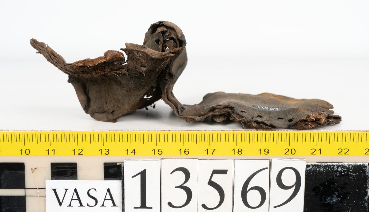 Ett 30-tal delar och fragment av sko: delar av inlägg, ovanläder, klack och sulor.

Ett ovanläder med kvarsittande tråd. Lädret är spaltat samt har rostliknande utfällningar. Två fragmentariska sulor med kvarsittande pligg. På flertalet fragment syns vita och rostliknande utfällningar.