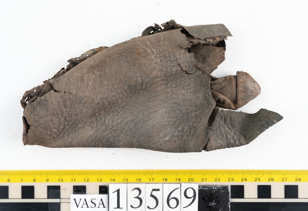 Ett 30-tal delar och fragment av sko: delar av inlägg, ovanläder, klack och sulor.

Ett ovanläder med kvarsittande tråd. Lädret är spaltat samt har rostliknande utfällningar. Två fragmentariska sulor med kvarsittande pligg. På flertalet fragment syns vita och rostliknande utfällningar.