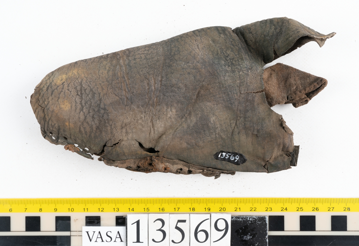 Ett 30-tal delar och fragment av sko: delar av inlägg, ovanläder, klack och sulor.

Ett ovanläder med kvarsittande tråd. Lädret är spaltat samt har rostliknande utfällningar. Två fragmentariska sulor med kvarsittande pligg. På flertalet fragment syns vita och rostliknande utfällningar.