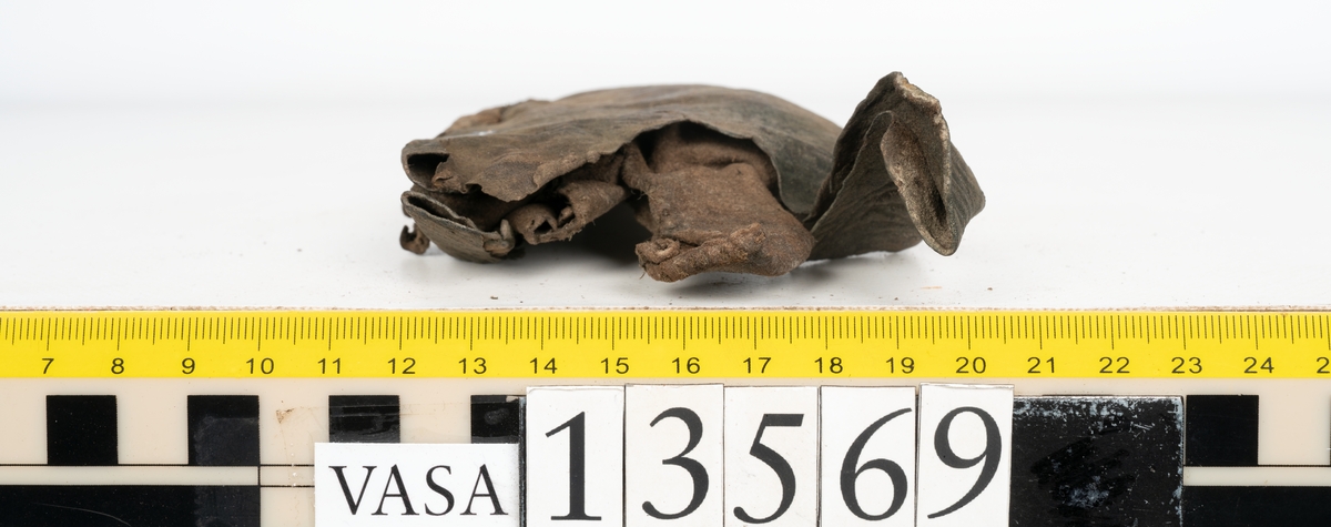 Ett 30-tal delar och fragment av sko: delar av inlägg, ovanläder, klack och sulor.

Ett ovanläder med kvarsittande tråd. Lädret är spaltat samt har rostliknande utfällningar. Två fragmentariska sulor med kvarsittande pligg. På flertalet fragment syns vita och rostliknande utfällningar.