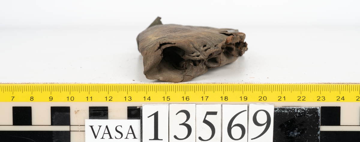 Ett 30-tal delar och fragment av sko: delar av inlägg, ovanläder, klack och sulor.

Ett ovanläder med kvarsittande tråd. Lädret är spaltat samt har rostliknande utfällningar. Två fragmentariska sulor med kvarsittande pligg. På flertalet fragment syns vita och rostliknande utfällningar.