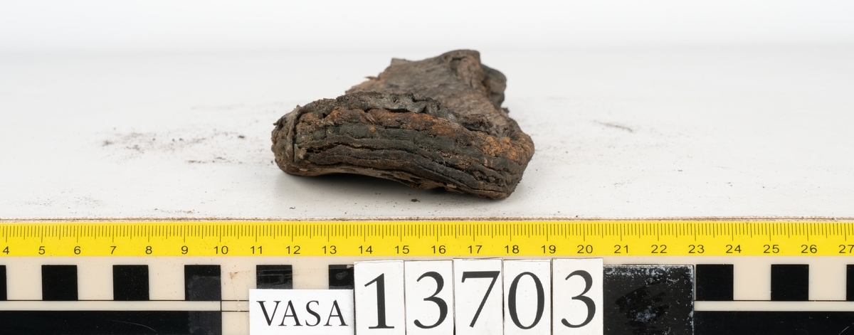 Delar och fragment av sko: ovanläder, skobotten, sula, skopligg samt fragment.

Ovanlädret är fragmentariskt och spaltad samt har rostfärgade utfällningar.

Skobottnen har kvarsittande skopligg och tråd. Klacken är uppbyggd av tre eller fyra klacklappar. Lädret har en grå beläggning, troligtvis av lera, samt rostfärgade utfällningar.

En sula med kvarsittande tråd. Lädret till sulan är kraftig.

Totalt fyra löst liggande skopligg och nio fragment/delar.