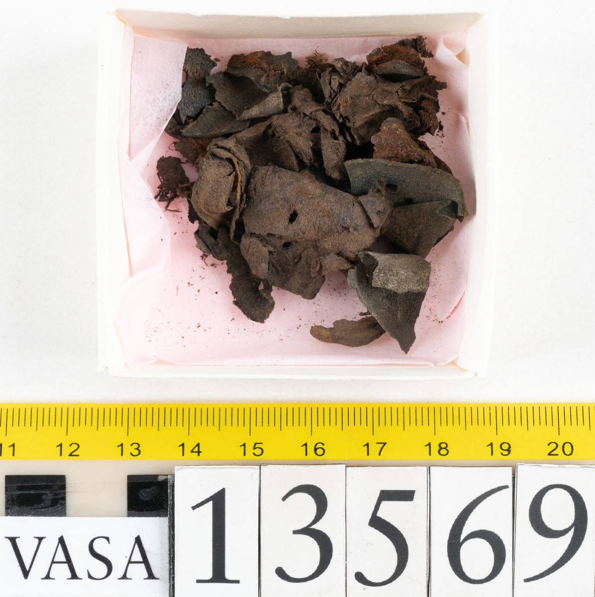 Ett 30-tal delar och fragment av sko: delar av inlägg, ovanläder, klack och sulor.

Ett ovanläder med kvarsittande tråd. Lädret är spaltat samt har rostliknande utfällningar. Två fragmentariska sulor med kvarsittande pligg. På flertalet fragment syns vita och rostliknande utfällningar.