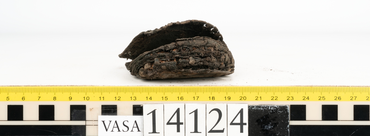 Sandalsydd högersko, troligtvis toffel, i delar.

Skobottnen består av två sulor med kvarsittanda skopligg och tråd. Vid tåpartiet sitter laglappar. På undersidan av yttersulan syns rostfärgade utfällningar.

Elva fragment från bottnen: sulor m m.

Ett fragmentariskt ovanläder. Ovanlädret har vita och rostfärgade utfällningar samt ligger hopvikt. Lädret är mycket sprött.
Totalt 15 fragment.