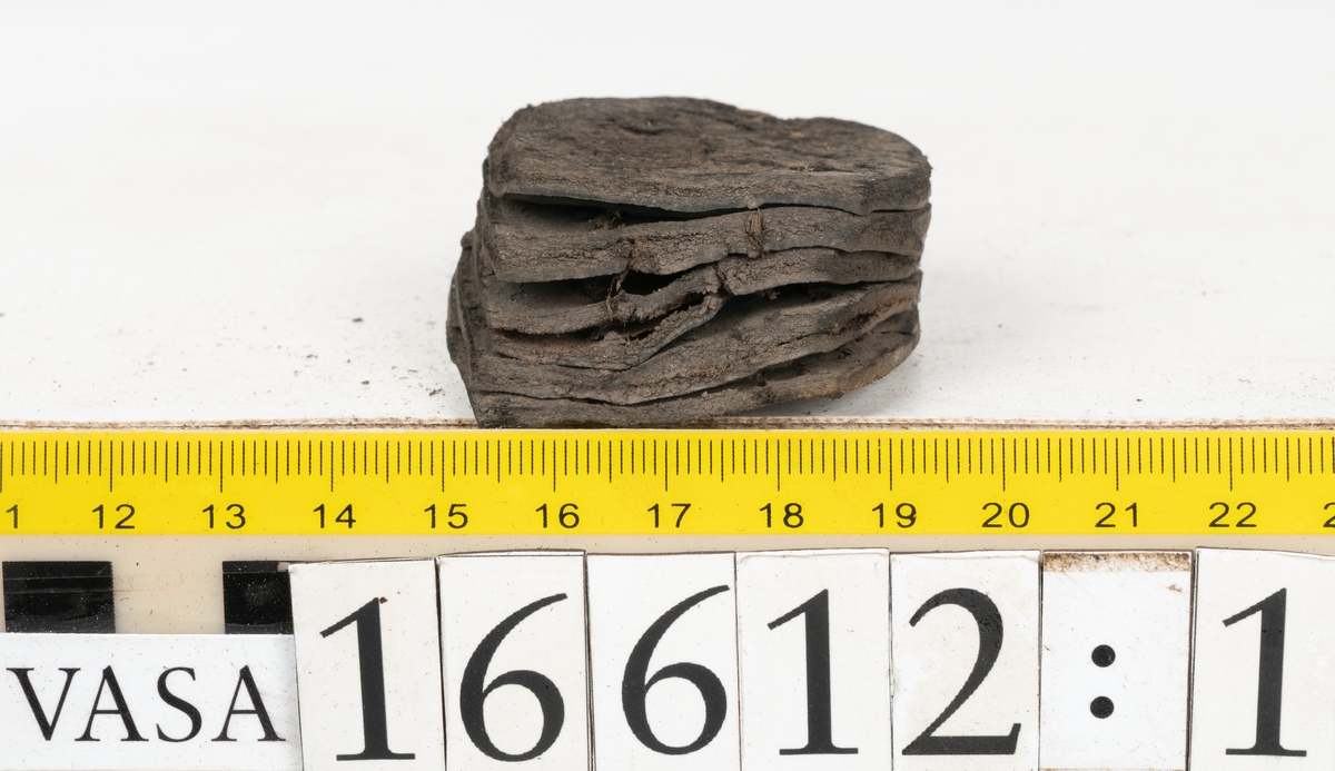 Delar och fragment av två skobottnar till höger- och vänstersko. Totalt 18 delar och fragment.
Sju sulor med kvarsittande tråd. Sulornas längd varierar mellan 220-230 mm, största bredden varierar mellan 65-75 mm, minsta bredden mellan 25-35 mm och hälbredden mellan 45-50 mm. Lädret till sulorna är kraftigt.
Klackar 16612 samt 16612:1 består av vardera fem klacklappar med kvarsittandskopligg. Klacklapparna är spaltade. I materialet finns en löst liggande klacklapp som tillhör klack 16621:1.
Tre delar holtrand med kvarsittande tråd.
Tre fragment från skobotten.