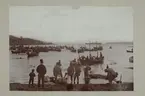 Foto monterat på kartong. Valfångst och män på en strand. Fiskare i båtar ute på vattnet.