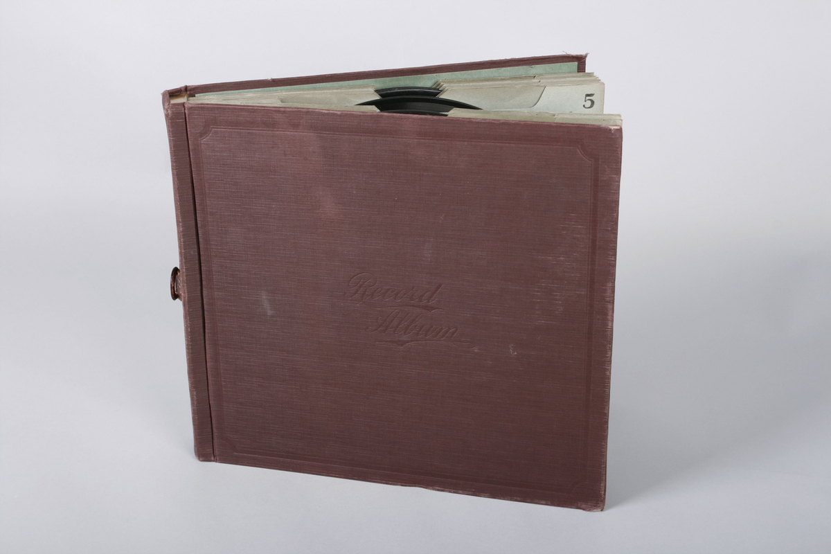 Samlealbum for opp til 12 grammofonplater, 12''-størrelse, med maskinskrevet indeks på mappens innside for seks tittler (se bilde). Amerikansk populærmusikk fra musikaler[?], bl.a. "Hits of 1915.Medley Fox Trot, de fleste med "Victor Light Opera Co.