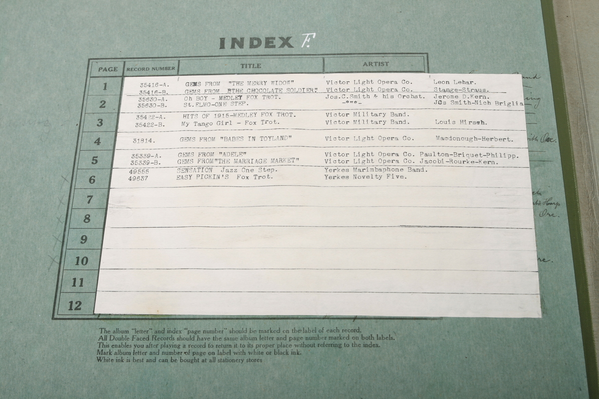 Samlealbum for opp til 12 grammofonplater, 12''-størrelse, med maskinskrevet indeks på mappens innside for seks tittler (se bilde). Amerikansk populærmusikk fra musikaler[?], bl.a. "Hits of 1915.Medley Fox Trot, de fleste med "Victor Light Opera Co.