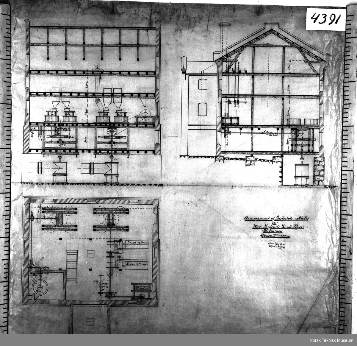 Tegning av Gisledals Mølle, for ingeniør Knud Ryen, Strømmen, 1905