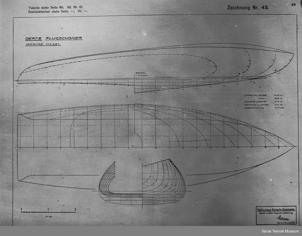 Avfotografert tegning av Oertz boot med 2x2 dekker, to vingepar etter hverandre. Skonnert