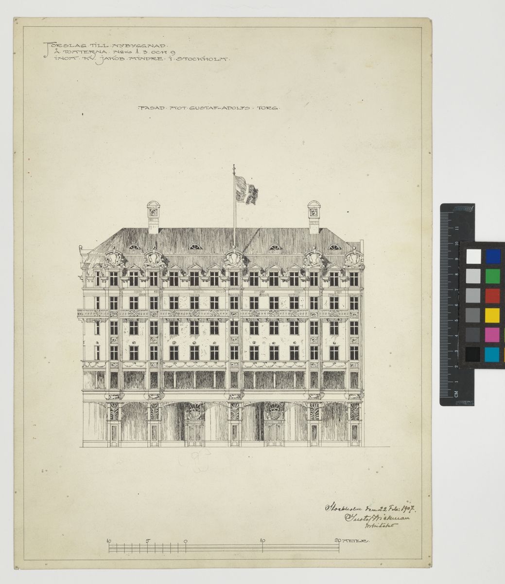 Förslag till nybyggnad å tomterna1, 2 och 9 inom kv Jakob mindre i Stockholm fasad mot Gustaf-Adolfs torg.