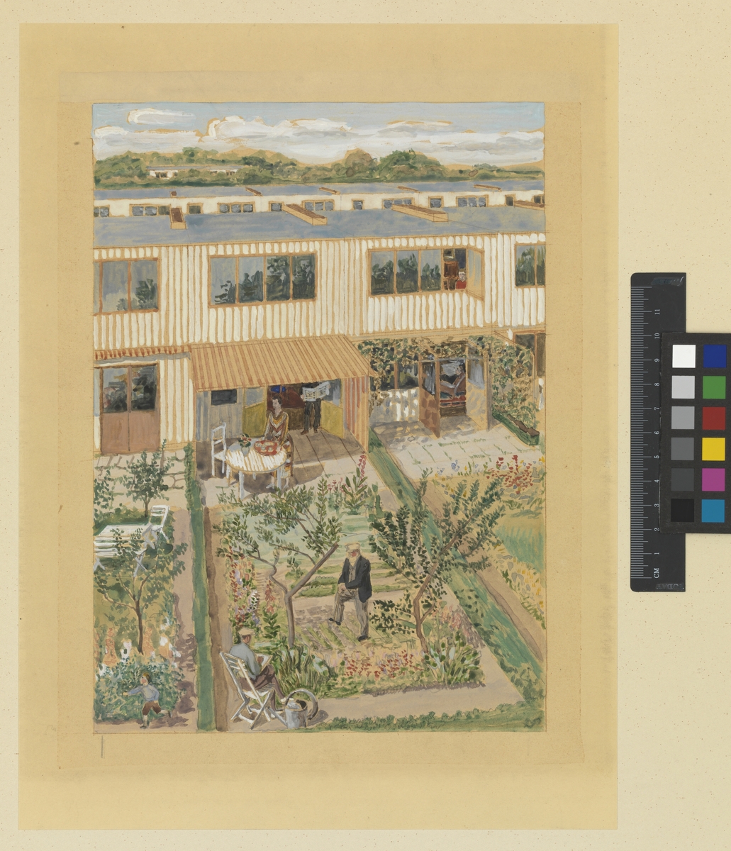 Tävlingsförslag "En dag skall jorden bliva vår", Stockholms stads bostadstävlan 1932.
Illustration av exteriör.
