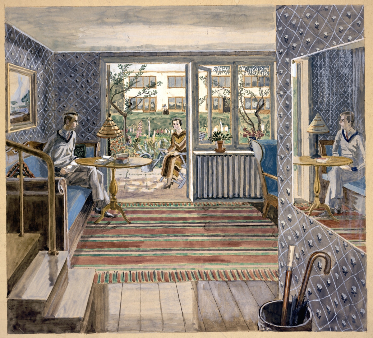 en dag skall jorden bliva vår
Interiörperspektiv. Motto: en dag skall jorden bliva vår. Teknik: gouache och täckvitt på kopia.
Stockholms stads bostadstävlan 1932