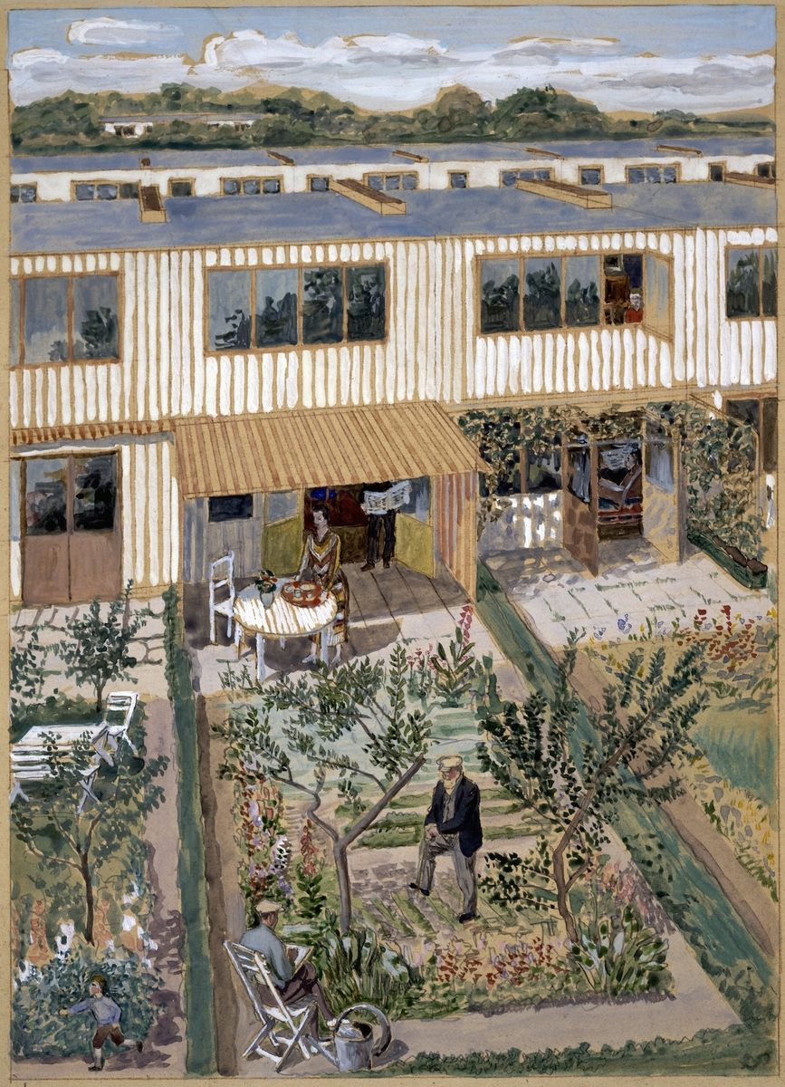 Tävlingsförslag "En dag skall jorden bliva vår", Stockholms stads bostadstävlan 1932.
Illustration av exteriör.