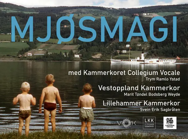 Bilde av tre barn i badebukse som står med ryggen til og ser ut over Mjøsa, Skibladner kommer sigende oppover i høyre billedkant.