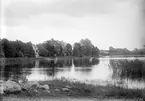 Vy mot Norsholms herrgård vid Motala ströms utlopp från sjön Roxen. Närmast skymtar godsets nya huvudbyggnad, uppförd under 1860-talet efter arkitekt Axel Kumliens ritningar. Till höger den lägre, gamla mangårdsbyggnaden, som på grunden till en från 1680-talet ofullbordad herrgårdsanläggning, erhöll sitt rådande uttryck i början av 1800-talet. Vid tiden för bilden ägdes godset av kapten Axel Abelin och hustrun Eva Elisabeth, född Broström.