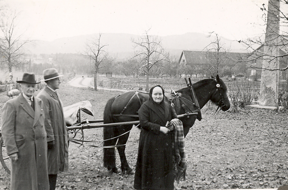 Hest og folk ved Bø kyrkje på Bøhaugen.