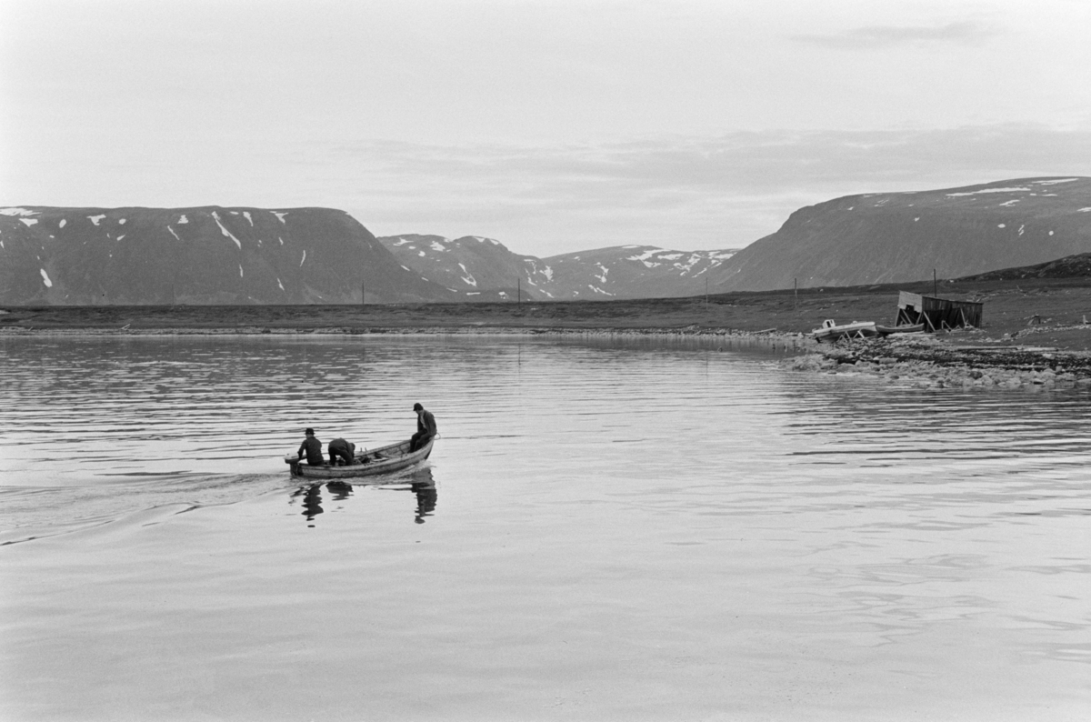 Fjordlandskap med fiskebåter.