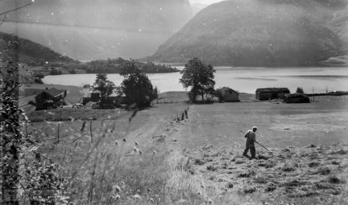 Øverås, Eresfjorden, gnr. 77. .Eikesdalsvatnet i bakgrunnen..Garden t.v. er Våtteigen bnr. 12 og t.h. Våtå bnr. 6. Knut Hansen Neraas (frå Teigen på Nerås) f.11.06.1868 d.25.01.1955, leige jord her ein del år både før og etter krigen. Her er det snur og han flathøy..Knut kjøpte Lundemo gnr. 74/8, Nesset kommune. Han var spelemann og smed.