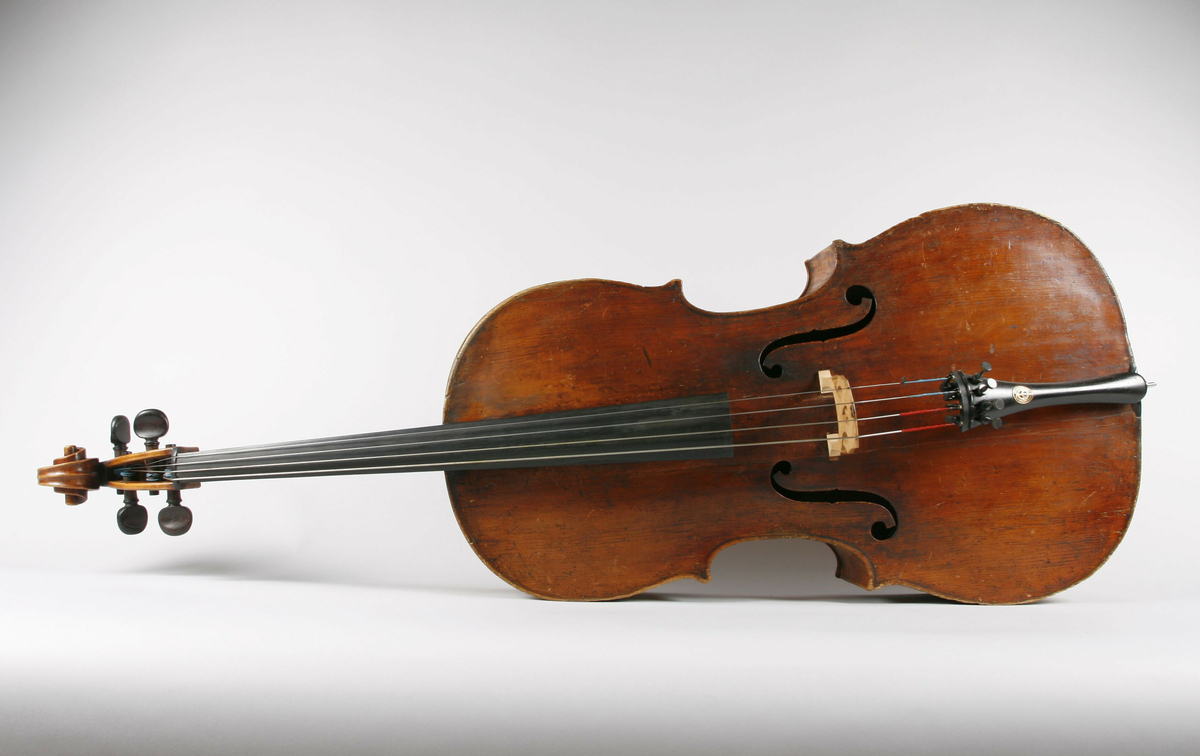 Strengeinstrument med lokk av gran. Bunn og sarg ahorn. Gripebrett og strengeholder i ibenholt, palisanderskruer. 

Hals og hode hører muligens originalt ikke til instrumentet. Skruekassen avkortet i nedre ende.