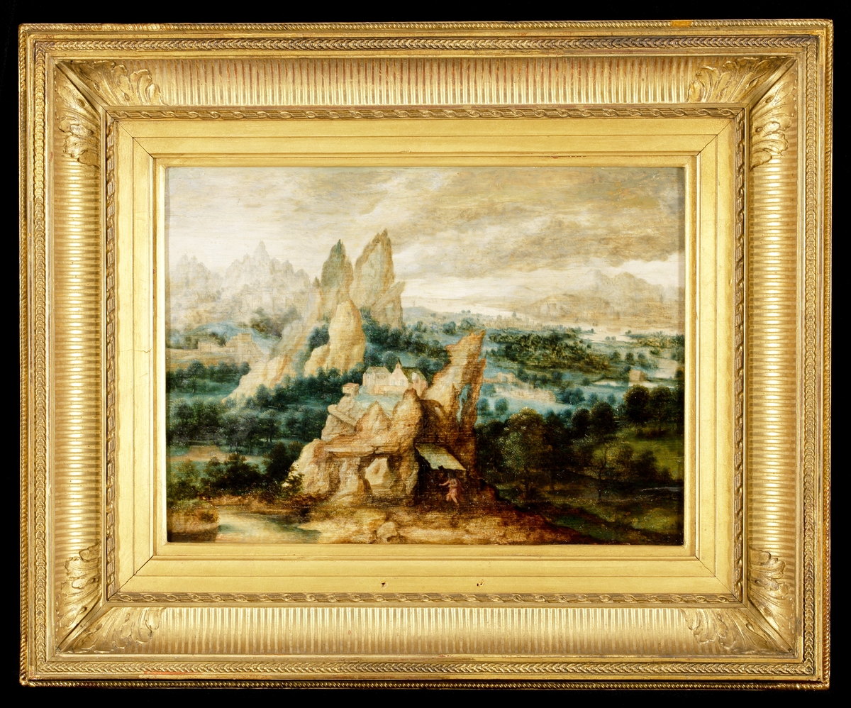 Oljemålning på träpannå. Berglandskap, med en kyrka (kloster ?) m.m. på ett berg. Nedanför syns en man. Trol. sekundär förgylld ram. 
Mått: 450 x 550 mm med ram. Montering/Ram: Bred förgylld ram med räfflad hålkäl och akantusblad i hörnen m.m.

Inskrivet i huvudbok 1908.