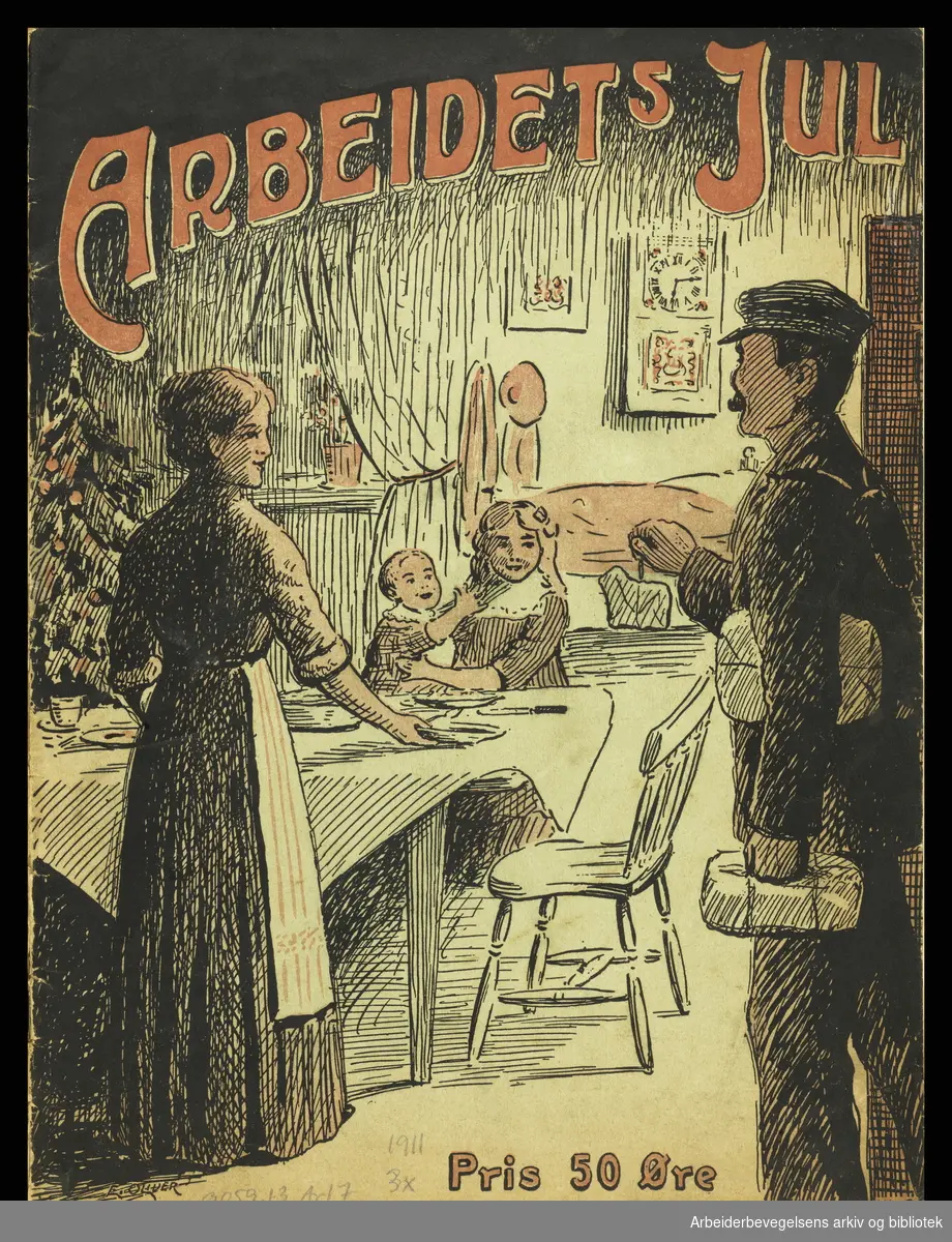 Arbeidets jul 1911. Forside. Illustrasjon: E. Oliver. Redigert av Jacob Vidnes og Michael Puntervold..