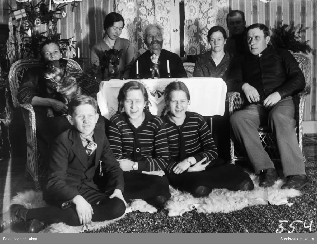 Familjefoto i juletid. Längst bak från vänster: Ada Wiström, Hilma Höglund, Arvid Wiström, Alma Höglund, okänd, Gottfrid Höglund. Längst fram: Per, Ingrid och Irma Höglund. Två hundar fanns också i familjen.