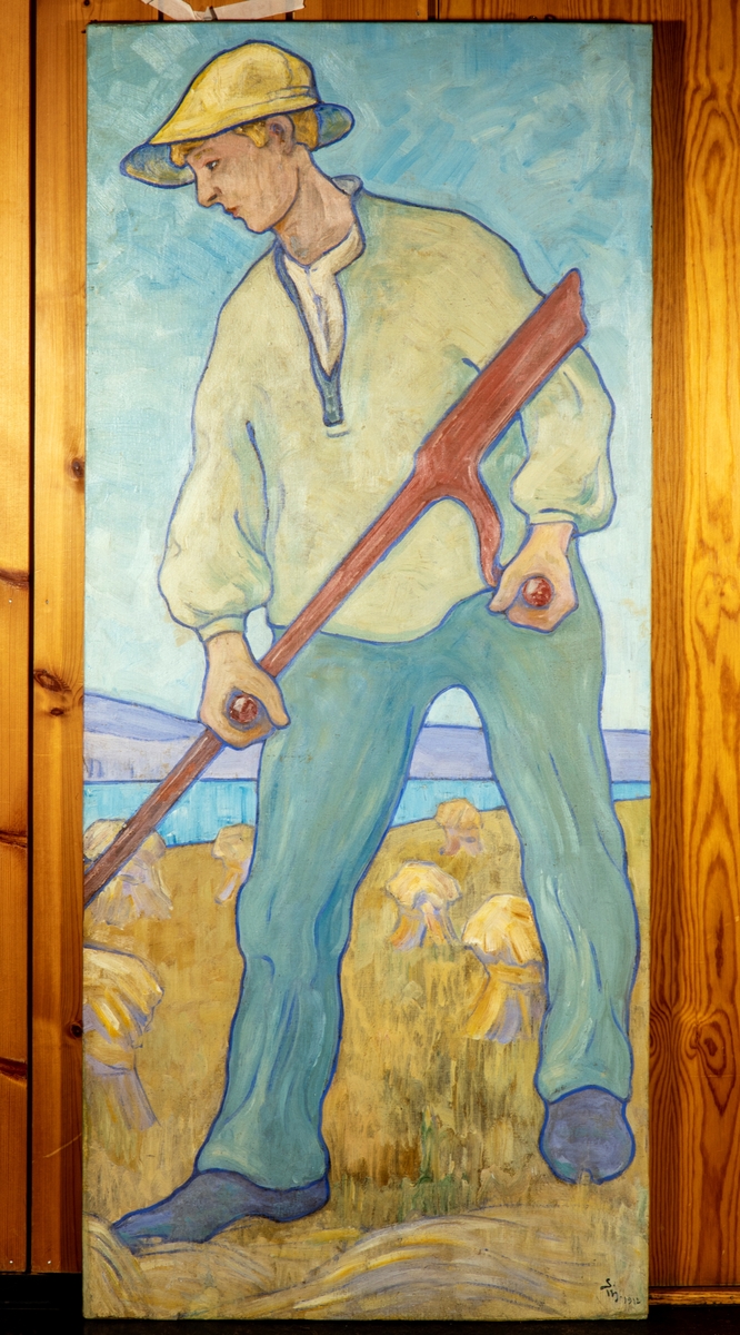 Veggdekorasjon fra Stange Sparebank, Tingvold, Stange. Malt av Simon Thorbjørnsen i 1912. Her benyttet han dels motiver fra sagaen, dels symbolsk pregede motiver fra bondens liv. Slåttekar.