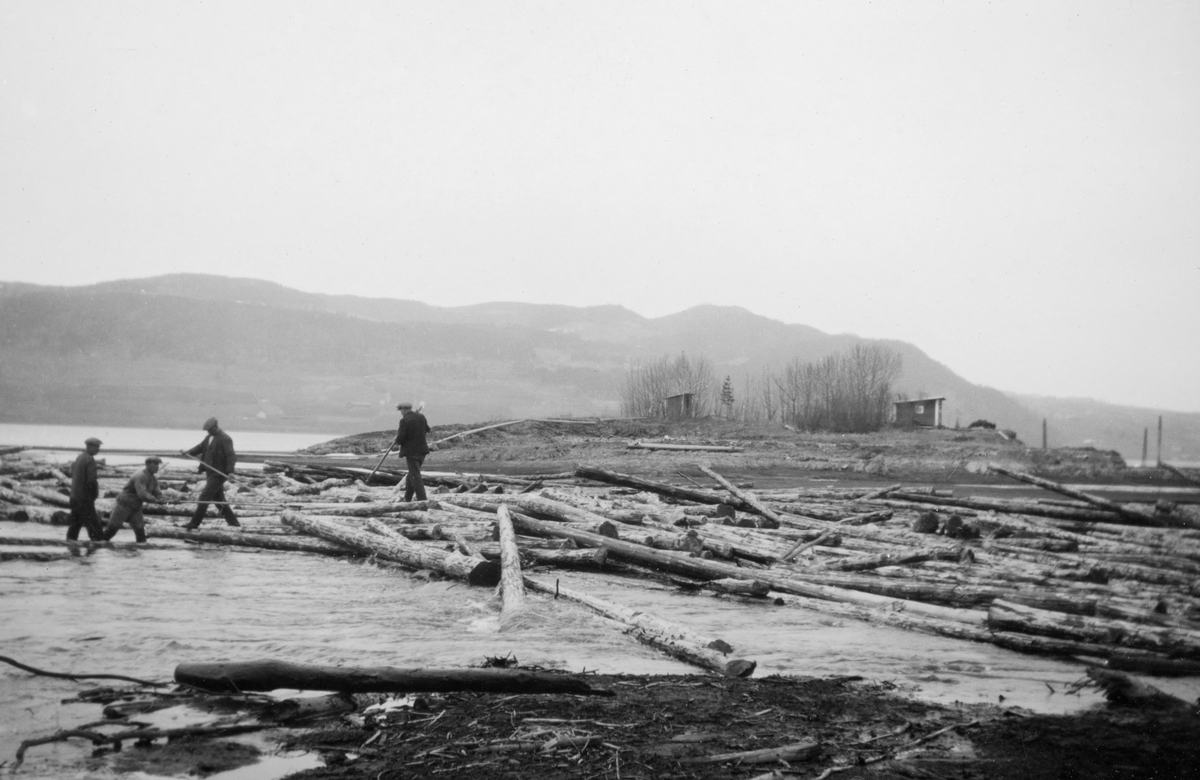 Fire tømmerfløtere i arbeid med haker ved elva Vismundas utløp i Mjøsa, ved Biri lense, i 1929. Fotografiet er tatt i elveosen, der det fortsatt var litt strøm i vannet, slik at stokkene pakket seg sammen, hulter til bulter, noe karene forsøkte å ordne opp i. På tangen på den andre sida av elveløpet sto det ei lita bu med pulttak og en utedo. I bakgrunnen, på Ringsaker-sida, rager Kjosberget og Amlisberget mot himmelen.