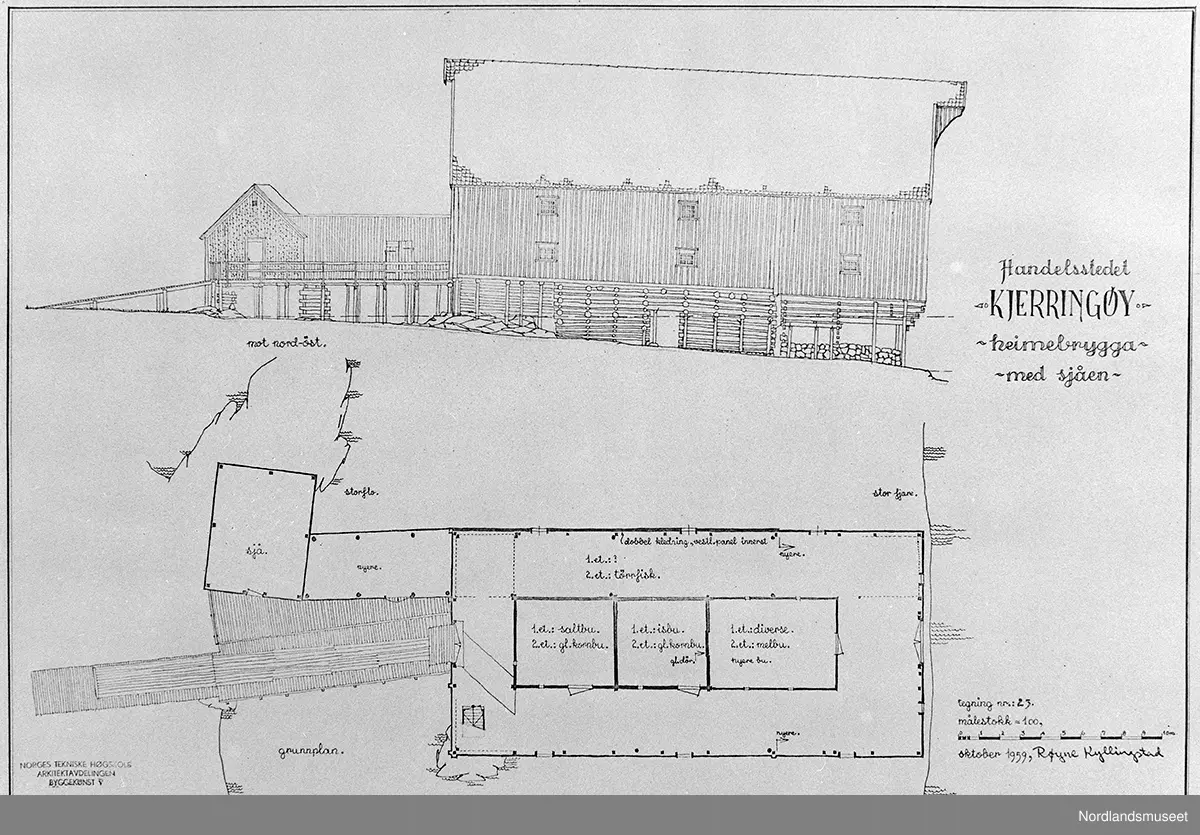 Heimebrygga med sjåen. Kjerringøy Gamle handelssted. Plan og fasadetegning.