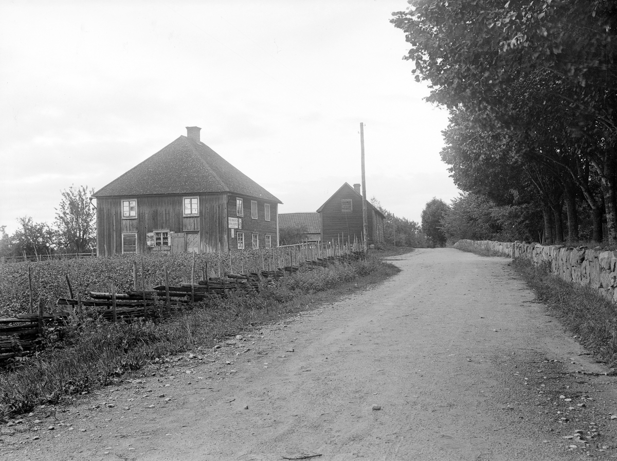 Vy längs vägen genom Viby omkring 1905. Till vänster Källgården med ortens handelsbod, som vid tiden upplysningsvis drevs av bildens fotograf, Carl Sundström. Längs vägen till höger löper bogårdsmuren utmed Viby kyrka.