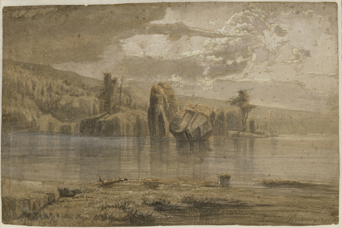 Kystlandskap med åser og trær [Akvarell og gouache på papir]