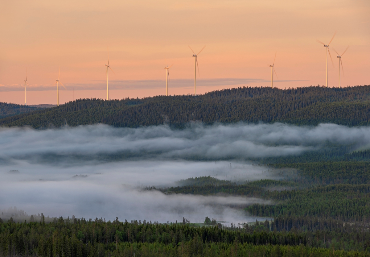 Vindturbiner på Kjølberget Vindkraftverk i Våler, fotografert fra åsryggen Hemknulen, Trysil, Innlandet.
