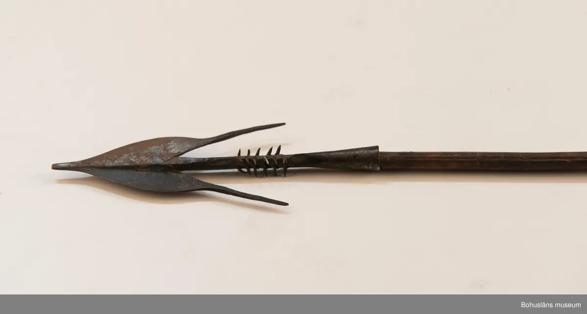Ur handskrivna katalogen 1957-1958:
Båge m. 17 pilar, Afrika
Bågen a) L.103 cm; m. sträng av en vidja; i bågens ändar runda träkulor. Hel.
b-l, 3- kantiga m. smal svart fastsurrad träspets m. hullingar.
b-c, L. 72 och 71,2 cm; har blad infällda i ändan som styrfjädrar.
d-k, L. 75,5; 72; 71,8; 71,8; 71,6; 71,5; 76,6; 66 cm; lika b och c men saknar styrfjädrar;
k upptrasad i ändan.
l, L. 55,5; av ngt annan typ än föreg, har haft spets och styrfjädrar, vila saknas.
m-r, runda skaft, styrfjädrar, spetsen av järn och holk f. fastsättn.. 791 M har hullingar. m. Pilspets lös.
L. 69; 68,1; 76,4; 65; 64,7; 61,3 cm;
("r" saknar spets; n och q saknar en hulling. "o" saknar 2 styrfjädrar; "p" saknar ena delen i "klykan" f. strängen)

Ur Knut Adrian Anderssons Katalog II 1916:
No 22, nr 7, 8 ,9 på etiketten i Elmer Göranssons samling. Båge av trä m. sena till sträng jämte 17 förgiftade pilar av två typer med hullingar. Från Mogala i Belgiska Congo.

Artikel i Bohusläningen måndagen den 1 november 1937, "Vittberesta bohusläningar berätta. Upplevelser under 30-årig vistelse i Belgiska Kongo. Kapen Elmer Göransson. Folk och sedvänjor under ekvatorns glödande sol."

UMFA54467:0588 visar porträtt på sjökapten Elmer Göransson i uniform med ett antal ordnar och utmärkelser. Fotograf Thure Nihlén, Uddevalla.
