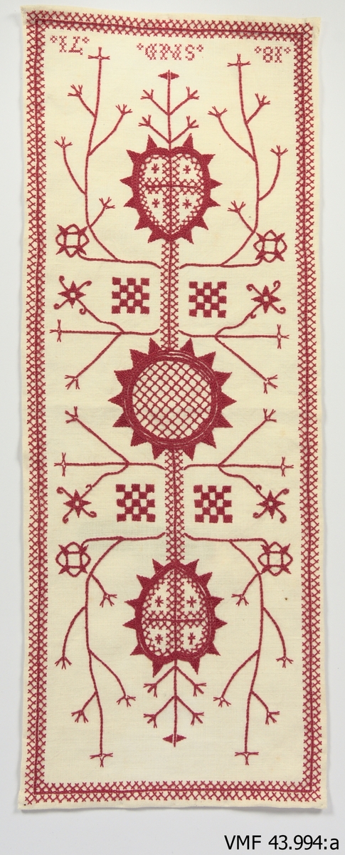Kopior gjorde från orginalmöster av Irene Kalrsson. Hallandssöm broderade i rött. 

A) Märkning: "1873" och "SND". Alfshög. Längd: 600 mm. Bredd: 228 mm.
B) Med fransar. Märkning: "IAAD 1878" och "Irene 1996". Valinge. Längd: 420 mm. Bredd: 210 mm.
C) Märkning: "1874 ACBD" och "1991 Irene". Mönster "Klavekulla" Frölunda sn. ACBD är Anna Christina Börjesdotter, född 2/1 1874, syster till Teodor Börjesson, Klavekulla. Längd: 572 mm. Bredd: 212 mm. 
D) Märkning: "ABBD 1845" och "Irene 1992". Istorp, Mellangården Broby Istorp. Britta Lena Börjesdotter (?), född 1845. Längd: 602 mm. Bredd: 185 mm. 
E) Märkning: "MND 1818" och "Irene 1996". MND är Margareta Nilsdotter, född 1785 i Rörvik Ås sn. Gift 1820 till "Erikes" i Kärra Torpa sn. Död 1874. Längd: 654 mm. Bredd: 200 mm. 
F) Märkning:"1841 AB LD" och "1998 Irene". ABLD är Anna-Britta Larsdotter, Torgestorp Skällinge. född 1821, död 1897. Mormors mor till Stina Nilsson, född Larsson, Ugglarp Slöinge. Längd: 593 mm. Bredd: 188 mm. 
G) Märkning: "Irene 1989". Pudevar CBOD 1829 Årnäs Ås sn. Christina Olufsdotter, Västra Derom Ås sn. Make Sven Andersson, Årnäs Ås sn. Vigda 29/11 1829. Längd: 560 mm. Bredd: 219 mm.