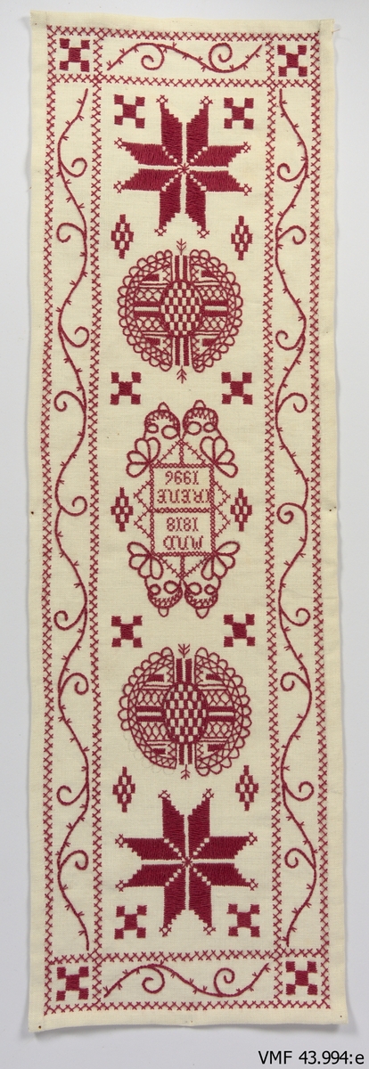 Kopior gjorde från orginalmöster av Irene Kalrsson. Hallandssöm broderade i rött. 

A) Märkning: "1873" och "SND". Alfshög. Längd: 600 mm. Bredd: 228 mm.
B) Med fransar. Märkning: "IAAD 1878" och "Irene 1996". Valinge. Längd: 420 mm. Bredd: 210 mm.
C) Märkning: "1874 ACBD" och "1991 Irene". Mönster "Klavekulla" Frölunda sn. ACBD är Anna Christina Börjesdotter, född 2/1 1874, syster till Teodor Börjesson, Klavekulla. Längd: 572 mm. Bredd: 212 mm. 
D) Märkning: "ABBD 1845" och "Irene 1992". Istorp, Mellangården Broby Istorp. Britta Lena Börjesdotter (?), född 1845. Längd: 602 mm. Bredd: 185 mm. 
E) Märkning: "MND 1818" och "Irene 1996". MND är Margareta Nilsdotter, född 1785 i Rörvik Ås sn. Gift 1820 till "Erikes" i Kärra Torpa sn. Död 1874. Längd: 654 mm. Bredd: 200 mm. 
F) Märkning:"1841 AB LD" och "1998 Irene". ABLD är Anna-Britta Larsdotter, Torgestorp Skällinge. född 1821, död 1897. Mormors mor till Stina Nilsson, född Larsson, Ugglarp Slöinge. Längd: 593 mm. Bredd: 188 mm. 
G) Märkning: "Irene 1989". Pudevar CBOD 1829 Årnäs Ås sn. Christina Olufsdotter, Västra Derom Ås sn. Make Sven Andersson, Årnäs Ås sn. Vigda 29/11 1829. Längd: 560 mm. Bredd: 219 mm.