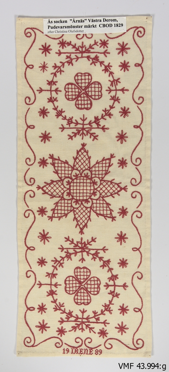 Kopior gjorde från orginalmöster av Irene Kalrsson. Hallandssöm broderade i rött. 

A) Märkning: "1873" och "SND". Alfshög. Längd: 600 mm. Bredd: 228 mm.
B) Med fransar. Märkning: "IAAD 1878" och "Irene 1996". Valinge. Längd: 420 mm. Bredd: 210 mm.
C) Märkning: "1874 ACBD" och "1991 Irene". Mönster "Klavekulla" Frölunda sn. ACBD är Anna Christina Börjesdotter, född 2/1 1874, syster till Teodor Börjesson, Klavekulla. Längd: 572 mm. Bredd: 212 mm. 
D) Märkning: "ABBD 1845" och "Irene 1992". Istorp, Mellangården Broby Istorp. Britta Lena Börjesdotter (?), född 1845. Längd: 602 mm. Bredd: 185 mm. 
E) Märkning: "MND 1818" och "Irene 1996". MND är Margareta Nilsdotter, född 1785 i Rörvik Ås sn. Gift 1820 till "Erikes" i Kärra Torpa sn. Död 1874. Längd: 654 mm. Bredd: 200 mm. 
F) Märkning:"1841 AB LD" och "1998 Irene". ABLD är Anna-Britta Larsdotter, Torgestorp Skällinge. född 1821, död 1897. Mormors mor till Stina Nilsson, född Larsson, Ugglarp Slöinge. Längd: 593 mm. Bredd: 188 mm. 
G) Märkning: "Irene 1989". Pudevar CBOD 1829 Årnäs Ås sn. Christina Olufsdotter, Västra Derom Ås sn. Make Sven Andersson, Årnäs Ås sn. Vigda 29/11 1829. Längd: 560 mm. Bredd: 219 mm.