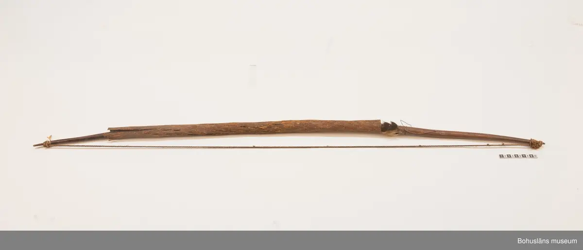 Ur handskrivna katalogen 1957-1958:
Praktbåge, Afrika
L. 137 cm; mkt hårt trä; bågens mittparti är klätt m. skinn, som skyddas av ett barkfodral; sträng av hampa. Hel.

Lappkatalog: 9