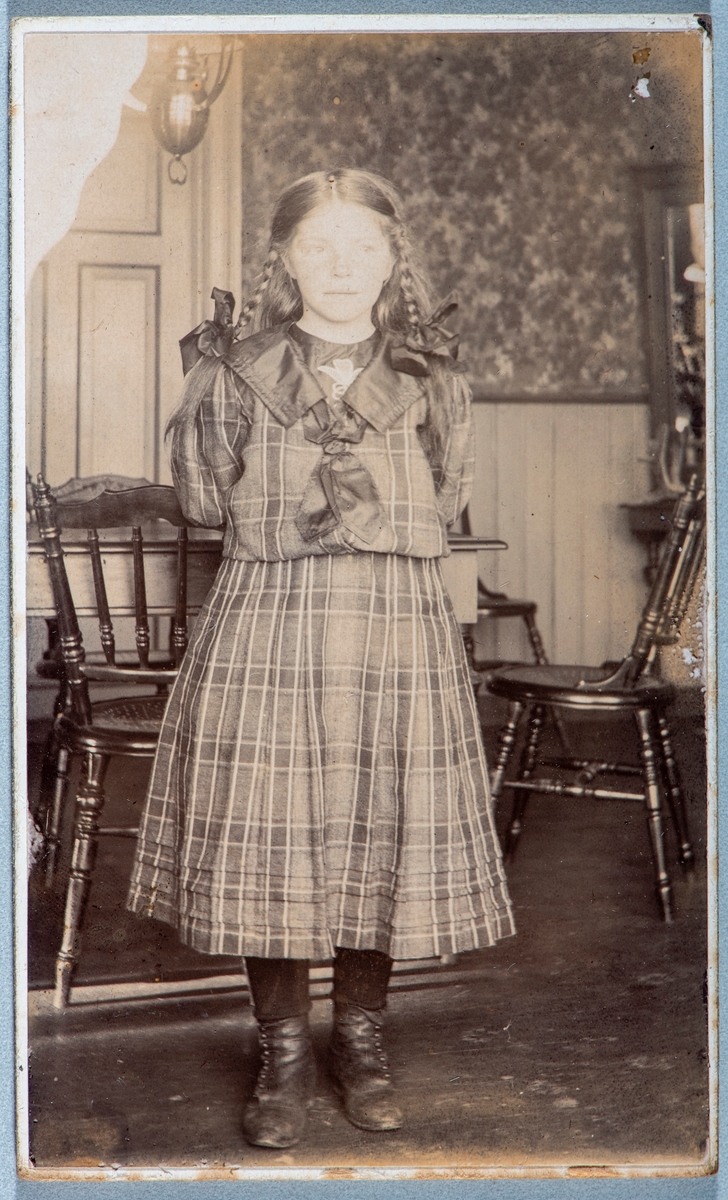 Portrett helfigur, ukjent jente. Påskrift på baksiden: "Gratulerer med dagen den 25/6-09, hilsen fra Helga" 
Carte visit og Kabinett bilder fra to fotoalbumer fra Holte Gård i Stange.